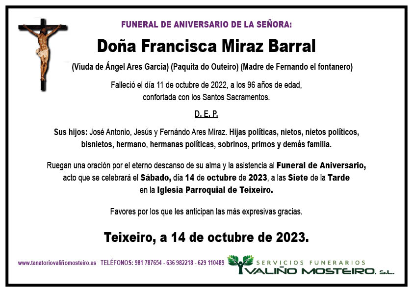 Esquela de Francisca Miraz Barral.